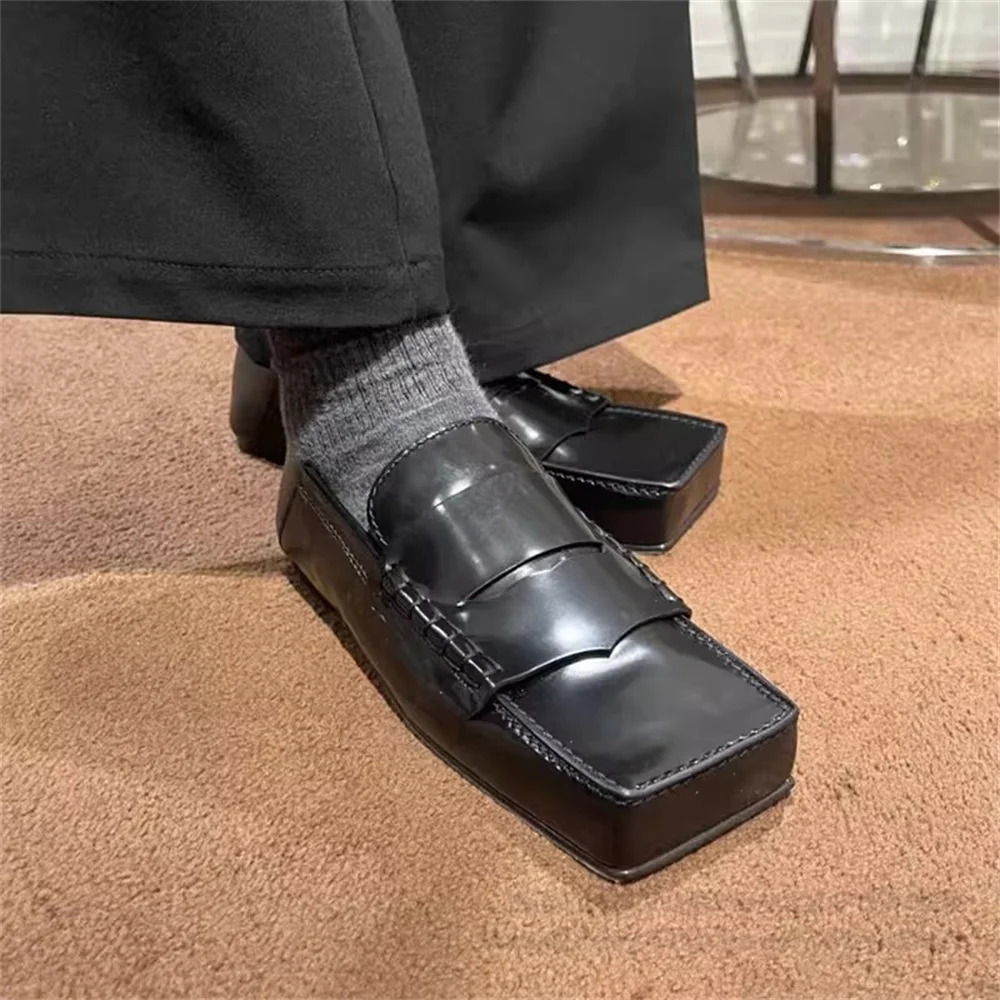 

Men Square Toe Leather Shoes British Retro Flat Bottomed Slip On Single Shoe Two Wear Stepping On Heels Casual Leather Shoes