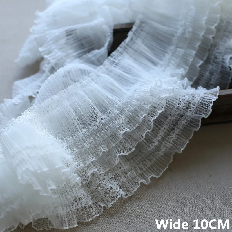 10CM Wide White Tulle Mesh Pleated Lace Fabric Frilled Ribbon Needlework Ruffle Trim Lolita Dress Curtains DIY Splicing Material