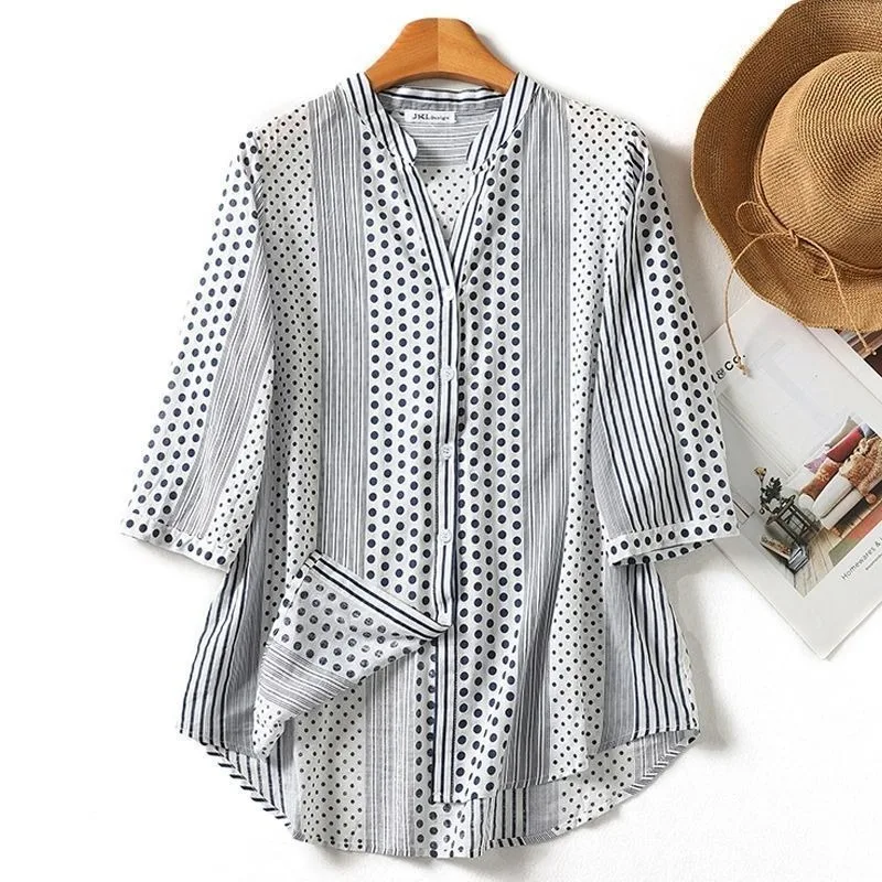 

Women's White & Navy Polka Dot Striped Patchwork Half-Sleeve Blouse Loose Casual Top