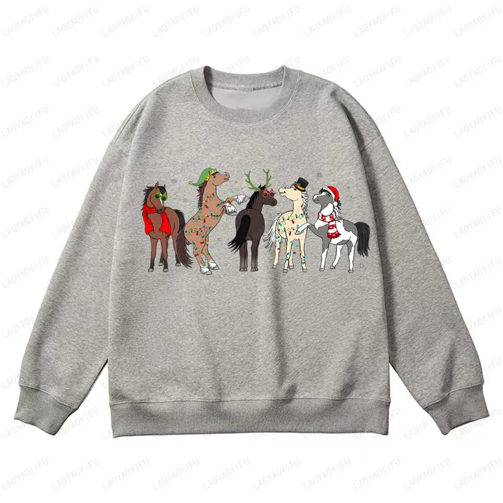 Hoppy Christmas Horse Lights Sweatshirt  Horse Party Printed Hoodies Hoodies Christmas Hat Woman Men Long Sleeve Sweater Tops