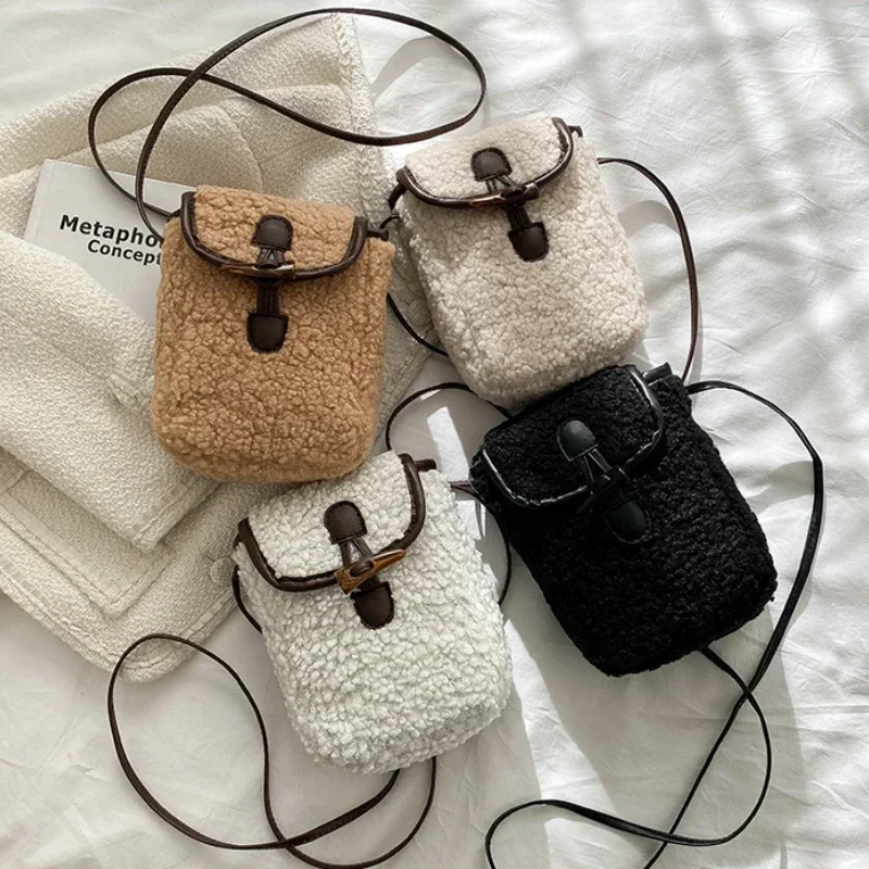 Color Blocking Minimalist Mobile Phone Bag Single Shoulder Crossbody Small Bag Women's Autumn and Winter Retro Lamb Fleece Bag