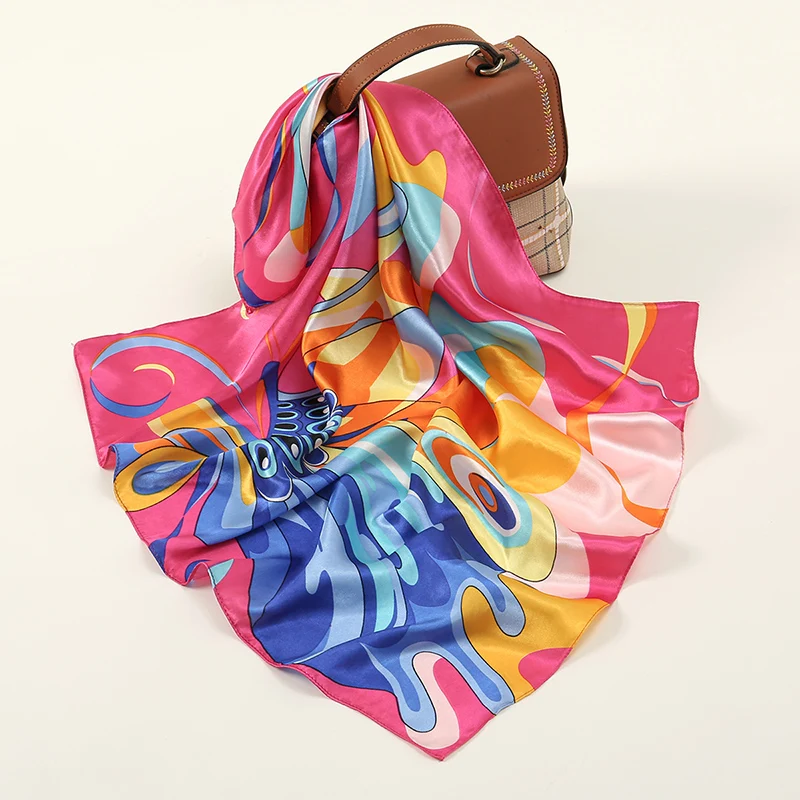 The new imitation silk butterfly color contrast printed 60 square scarf retro professional elegant small silk scarf all match sc