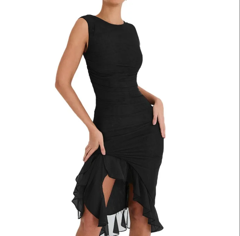 2025 Mini abito estivo da donna elegante da ballo Moda tinta unita girocollo senza maniche Abito sexy con orlo irregolare con volant senza schienale