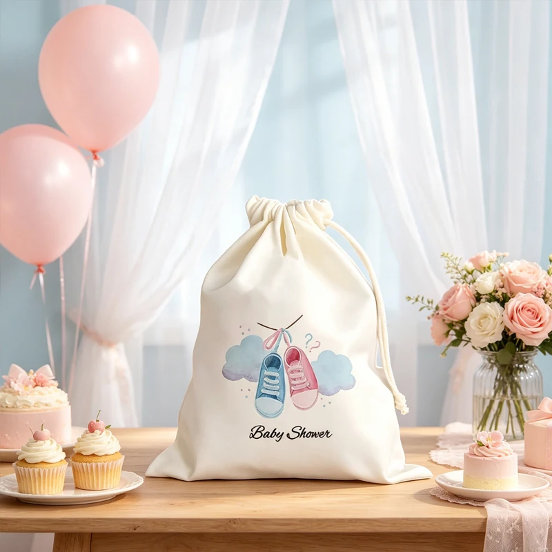 Bolsa de Lona con Cordón y Estampado de Zapatos de Bebé Azul y Rosa para Baby Shower, Bolsa de Regalo para Revelación de Género, Accesorios de Decoración para Fiestas de Recién Nacidos