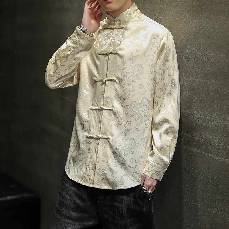Men Chinese Style Dragon Pattern Shirt Ice Silk Long Sleeve Tang Suit Outerwear