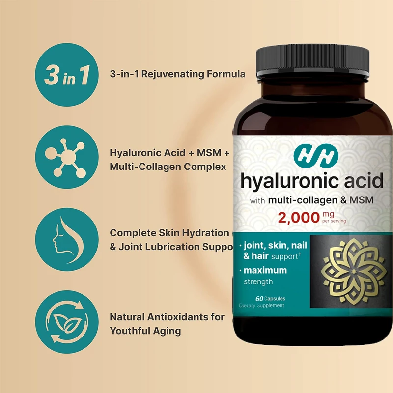 Hyaluronic Acid 60 Capsules Dimethyl Sulfone and Multi Collagen Support Skin Moisturizing, Joint Lubrication,hair and Eye Health