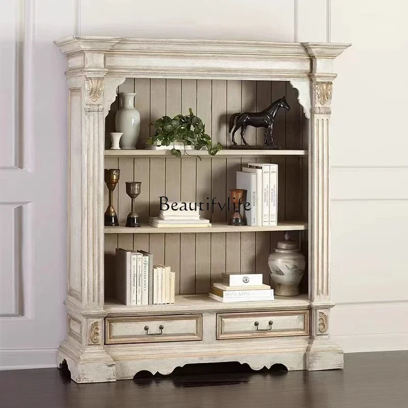 

08American country retro old study bookcase solid wood carving flower living room dining side cabinet