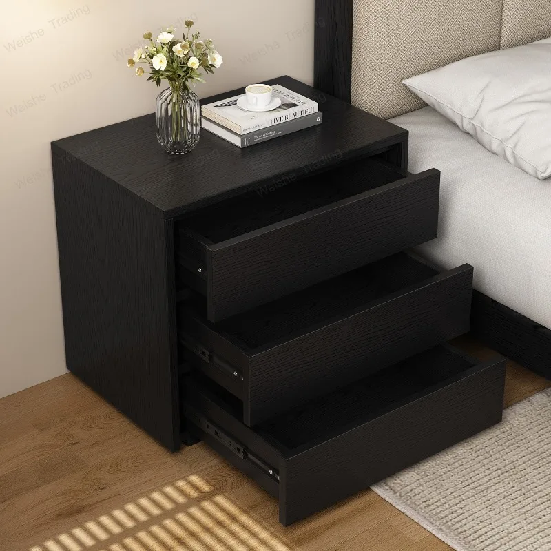 Minimalist bedroom large size bedside chest light luxury medieval black three bucket walnut storage
