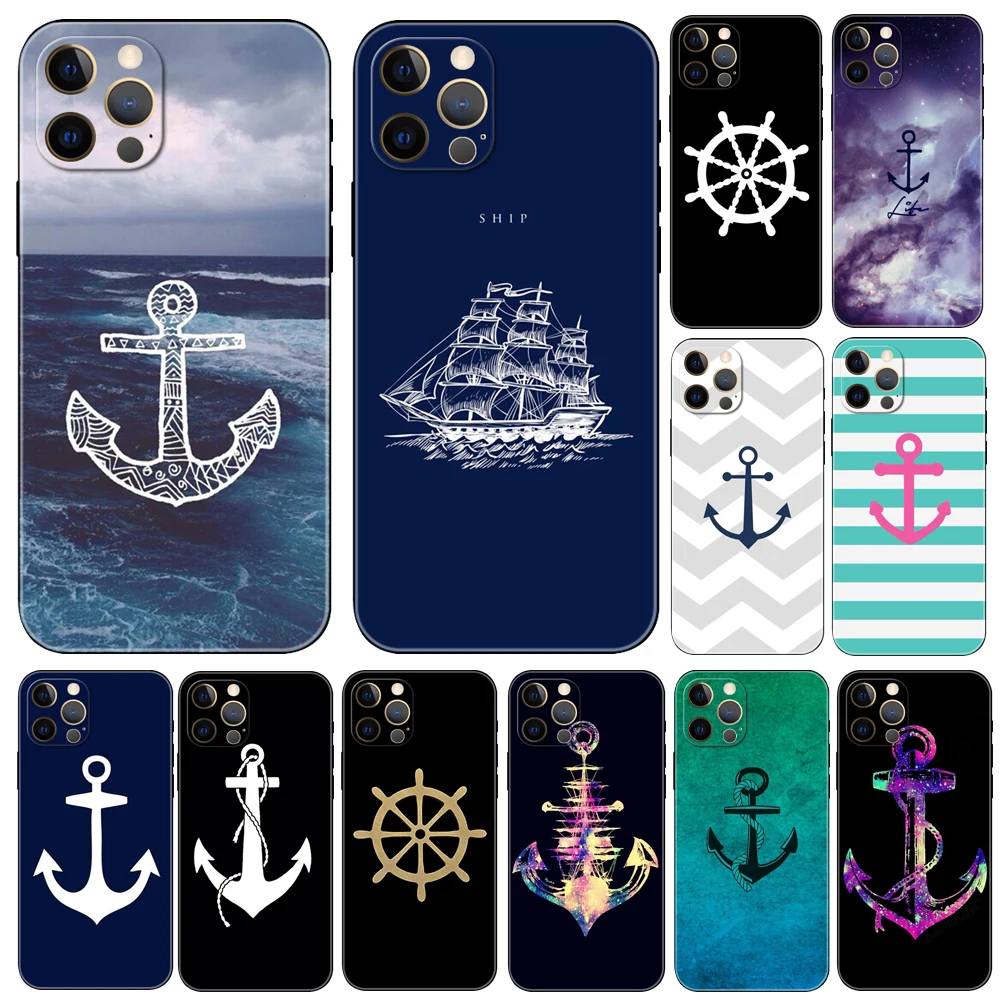 Stripes Anchor Boat Ship Wheel ，phone case for iphone，14 se 6 6s 7 8 plus x 10 XR XS 11 12 13 mini pro MAX black tpu back cover