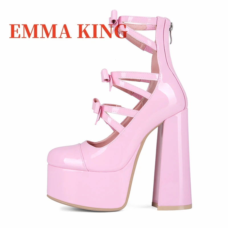 المرأة منصة صندل كعب عالٍ حجم كبير القوس حزام الوردي براءات الاختراع والجلود الصنادل الكاحل حزام كعب الأحذية أحذية لوليتا الأحذية