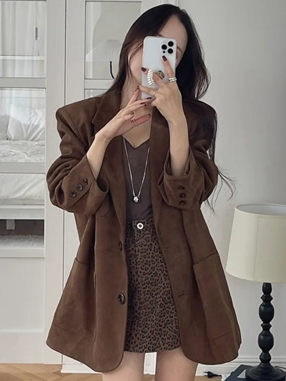 Chaleco de ante elegante, traje informal para mujer, Jaet, un solo botón, suelto, Vintage, Sle, Faion coreano, largo, Sve Busin, para ir al trabajo
