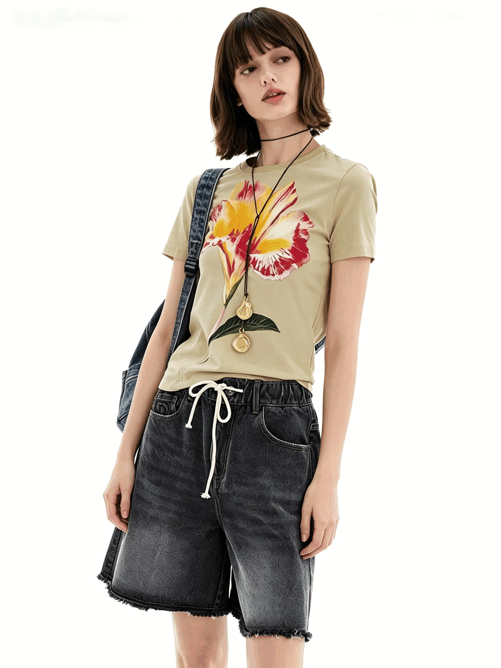 Europäisches, amerikanisches, spanisches Original-T-Shirt für Damen, kurzärmelig, Rundhalsausschnitt, schmale Passform, Lilien-Print, Stickerei, neues Oberteil – Detail 3