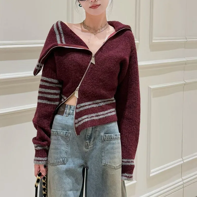 

Ladies' high-neck, slanted zipper long-sleeved sweater, retro color-blocking knitted cardigan, high-quality wool sweater, 2025