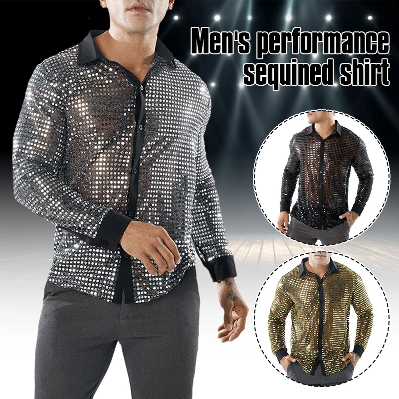 Men Club Shirt Vintage 70s Disco Party Halloween Costume Men's Club Shirt Reflective Shiny Sequins Stage Performance Shirts