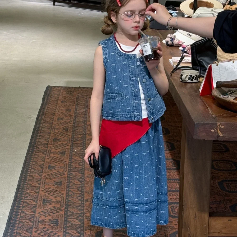 

Girls Set 2025 Summer New Childrens Clothes Korean Style Baby Girl Jacquard Denim Vest Skirt Two-piece Casual Simple Daily