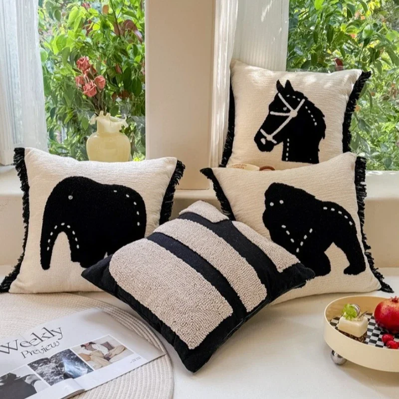 Luxury Chenille Cushion Covers Black and White Animal Towel Embroidery Pillow Cover Soft Pillow Cases for Sofa Modern Home Decor