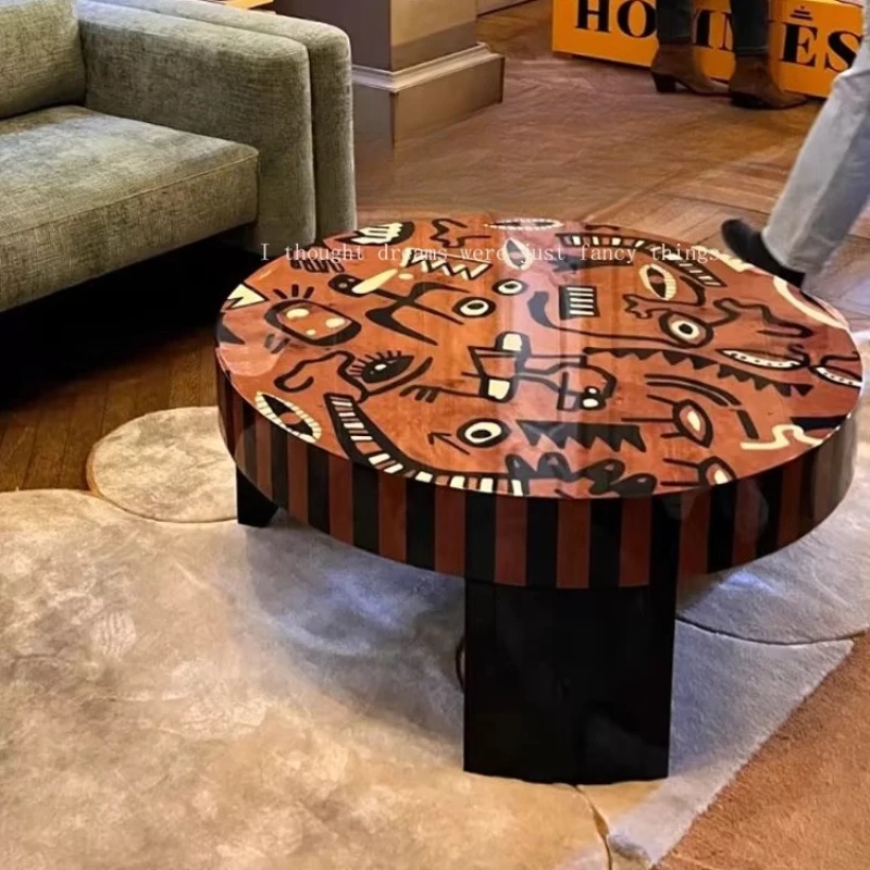 

Solid wood medieval painting art coffee table creative painting living room senior round coffee table household parquet table