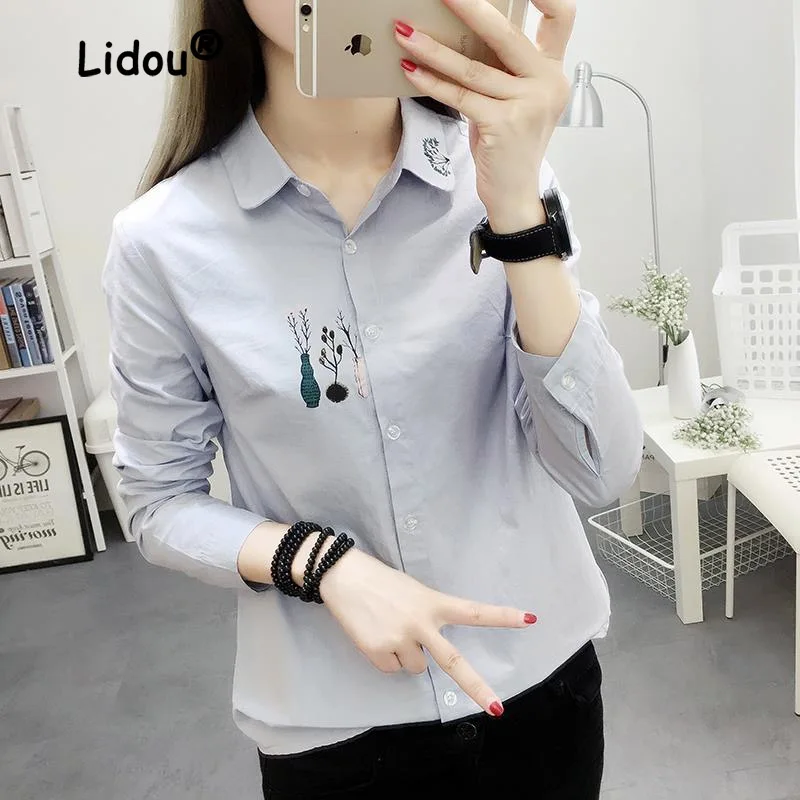 Fashion Printing Vase Cotton Single-breasted Blouse Women Classic Long Sleeve Polo Collar Casual Korean Lady Chiffon Shirt