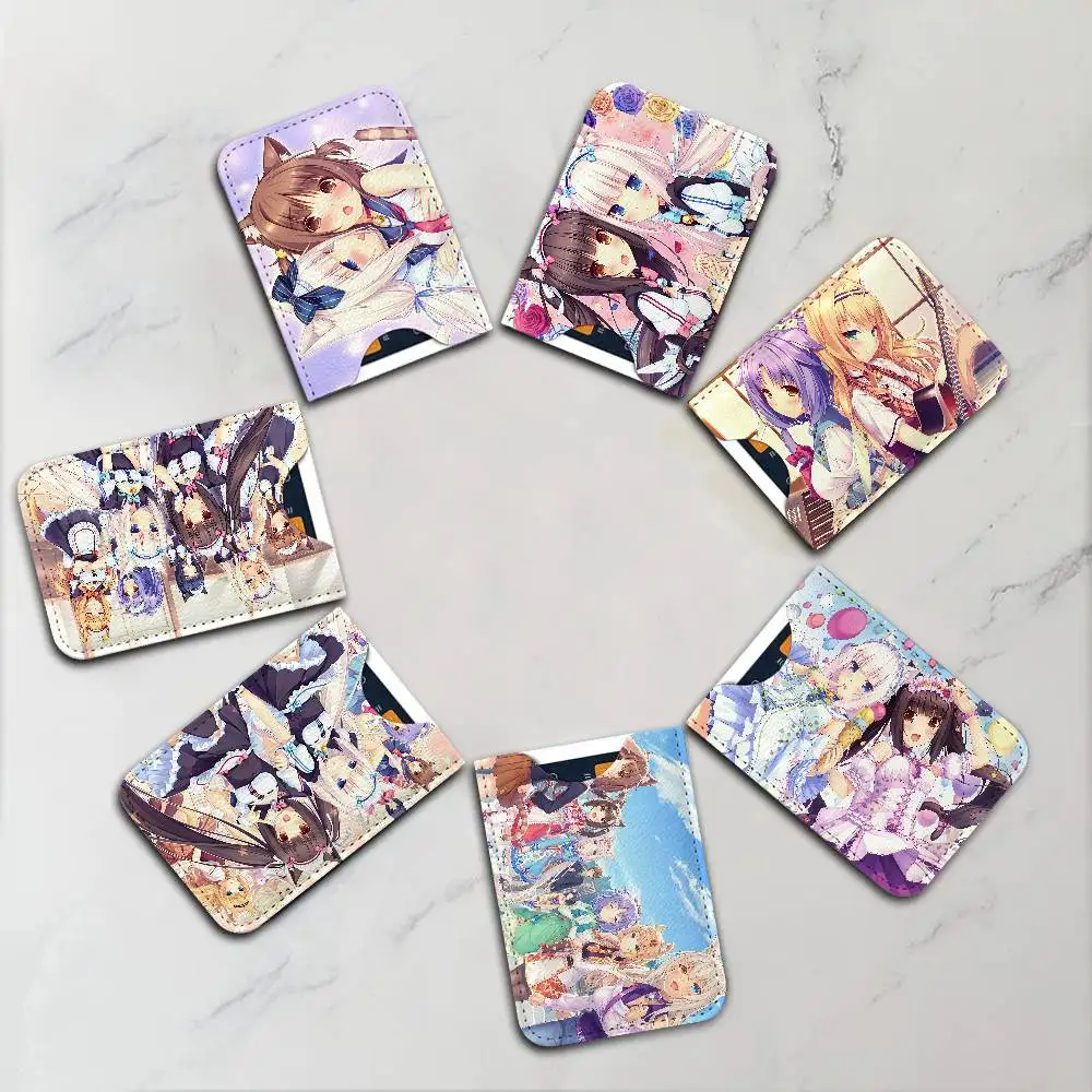 Cute N-Nekopara Anime kawaii Men Leather Card Case, Minimalist Mini Credit/Bus ID Card Holder, Small Compact for Office Business