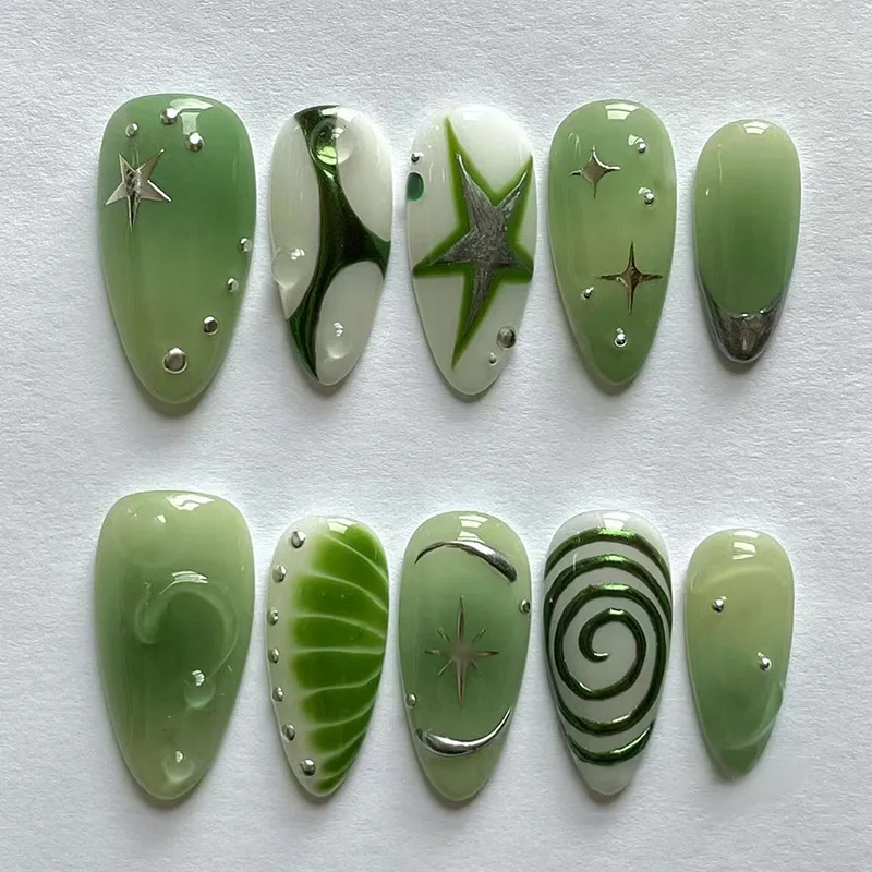 

24pcs 3D Bubble Star Press-On Nails - Fresh Emerald Design With Unique Style Medium Almond False Nails