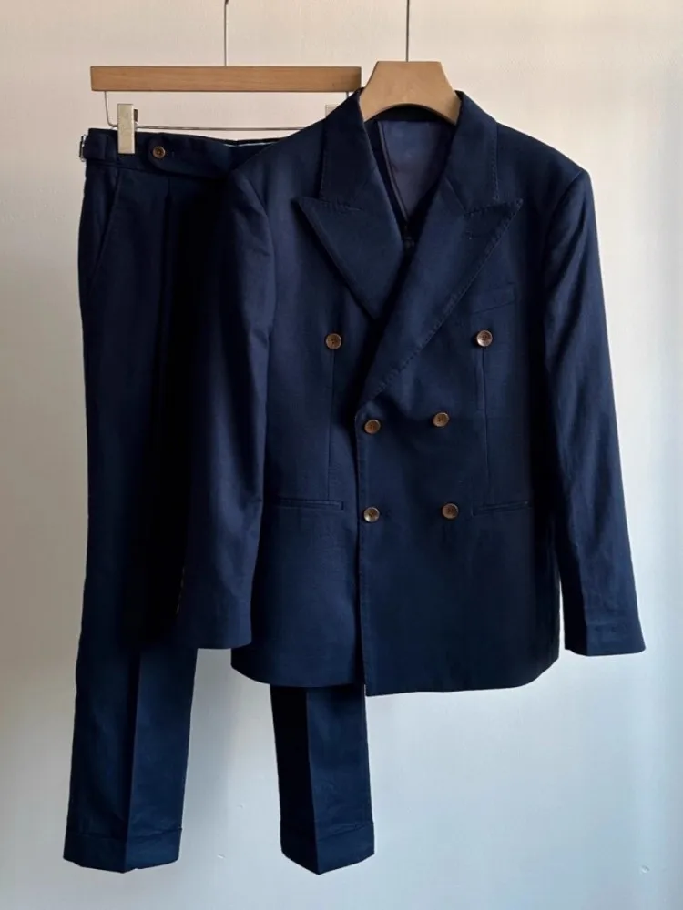 Spring Summer Thin Men Double Breasted Linen Blazers Suits Breathable Fashion Two-Piece Set Casual Full Length Pants Outfits