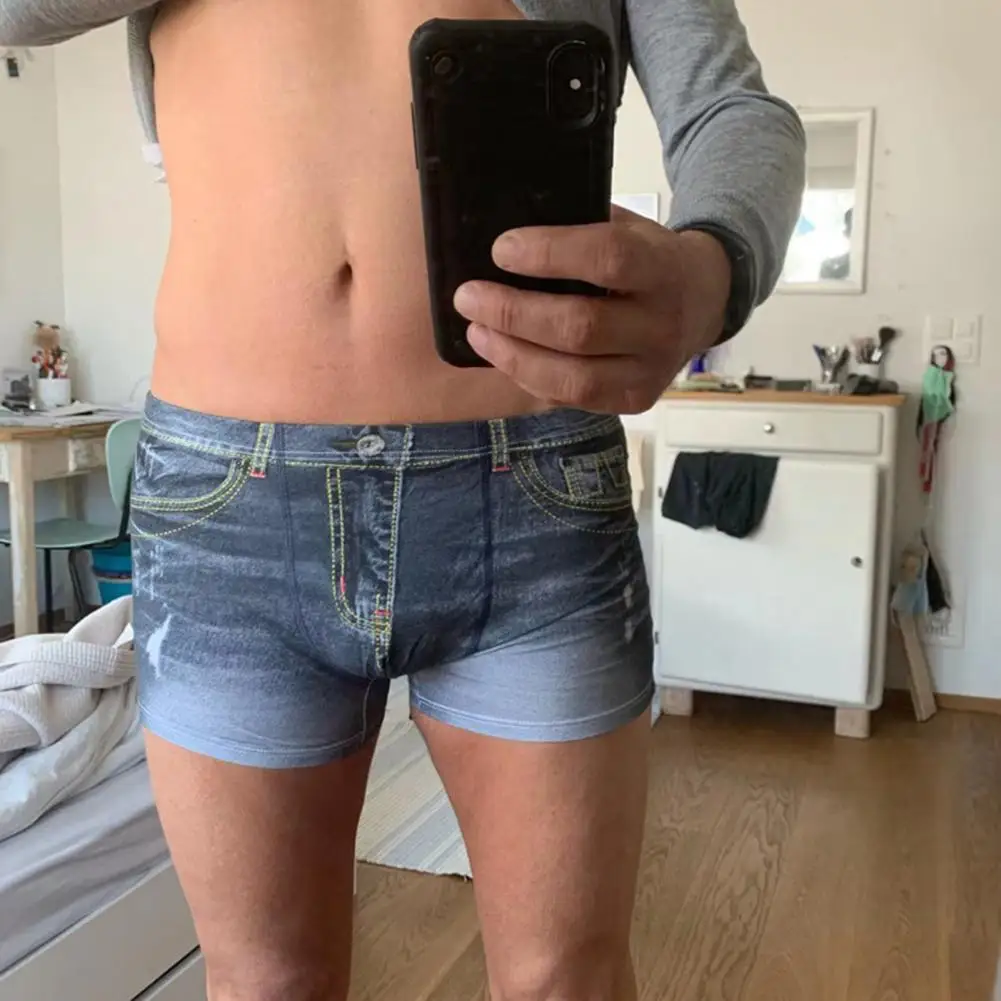 Boxer respirant pour hommes, slip imprimé en 3d avec Imitation jean, ceinture élastique Double face pour le confort