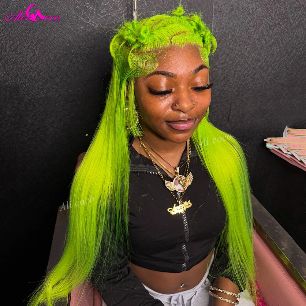Remy 13X6 Straight Bright Apple Green 613 Colored Human Hair Transparent HD Lace Wigs 32 Inche Pre Plucked 13X4 Front 180Density