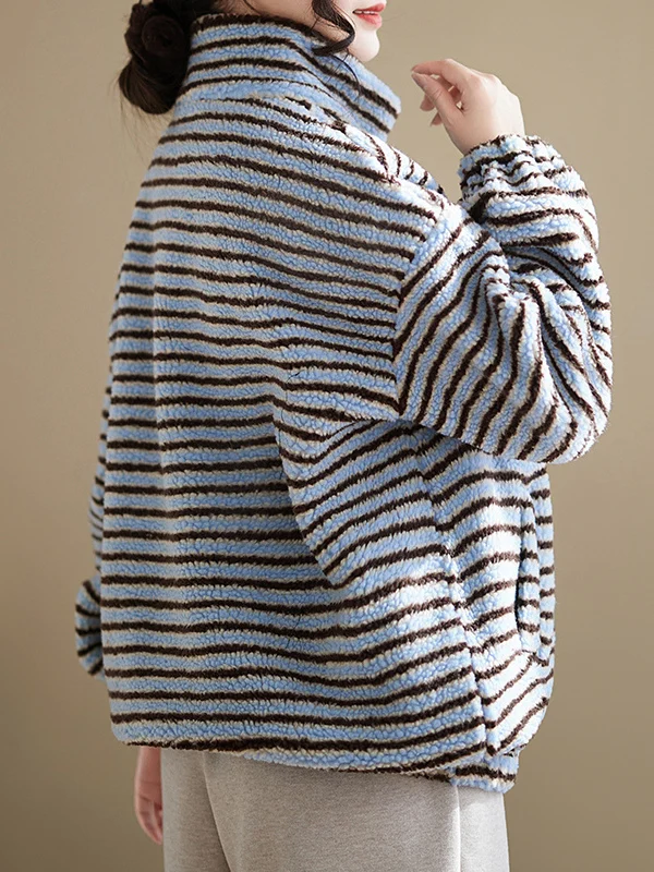 Felpa da donna in pelliccia di agnello con doppia cerniera a righe Color Blo Capispalla invernale Cappotto ort Coreano Sle Loose Fit Lungo Sve