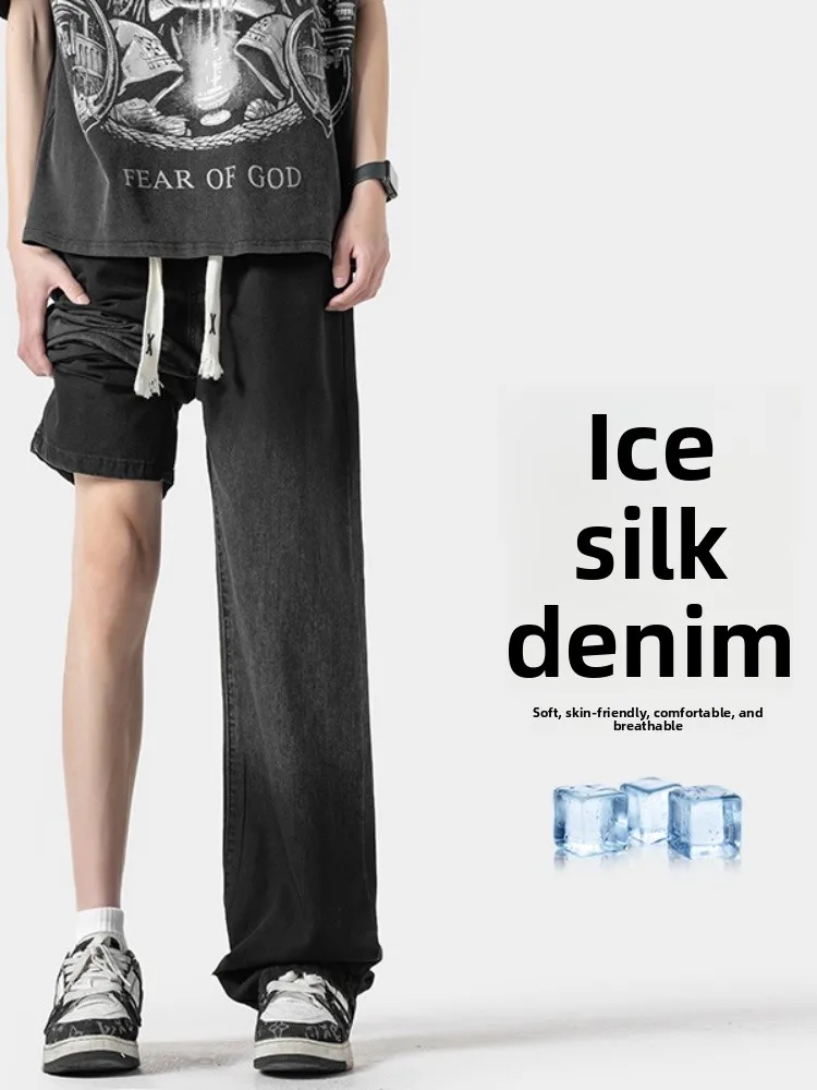 

Мужские летние тонкие джинсы из ледяного шелка, прямого кроя, облегающие, в стиле High Street, с эффектом потертости, длинные брюки свободного кроя с широкими штанинами