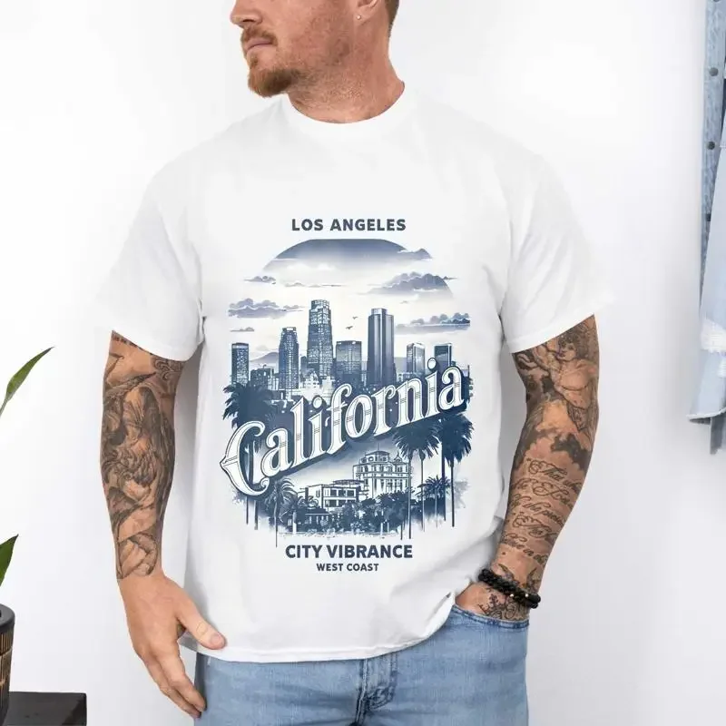 Camiseta de algodão 28 California City Vibrance Retro LA Coasta