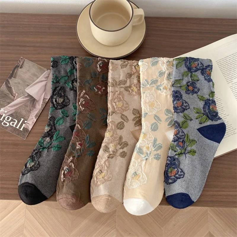 

1/5 пар весенне-осенних новых винтажных этнических женских средних носков, модные женские носки с цветочным принтом, простые удобные женские носки
