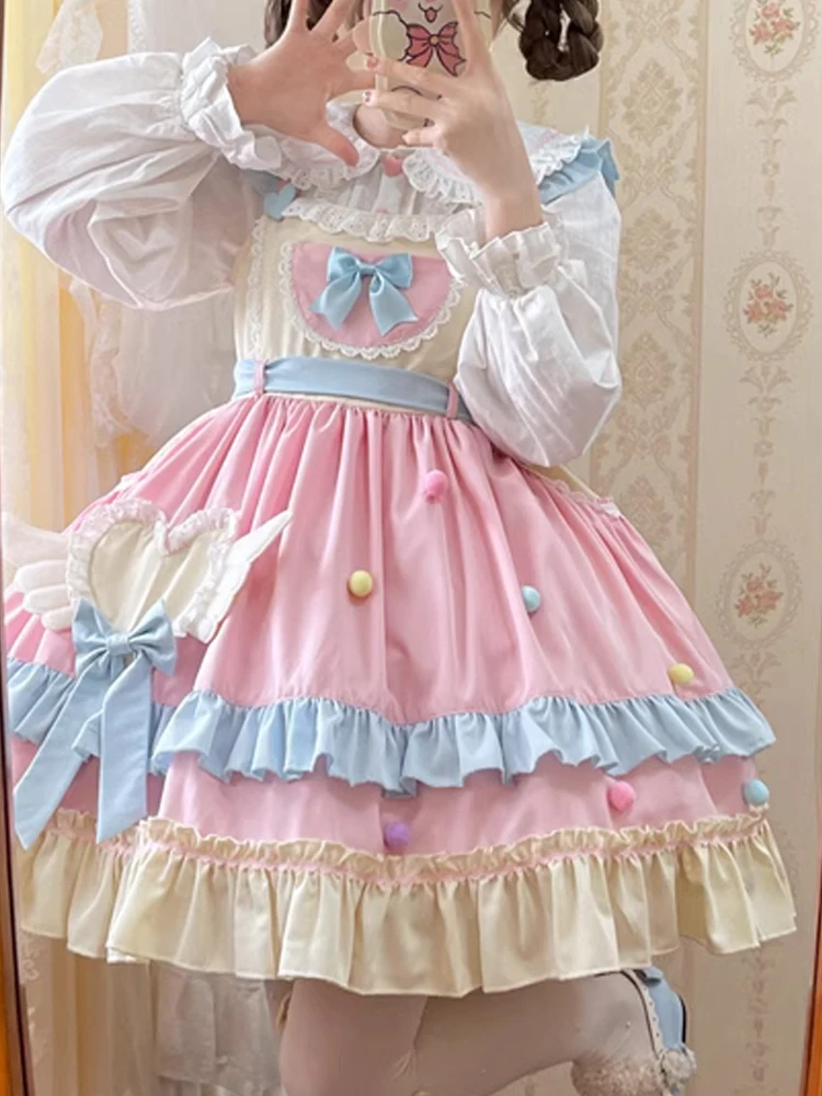 

KIMOKOKM Kawaii Princess Sweet Lolita A-Line Ruffles Dress Contrasting Color Bow Full Sleeve Lace Girly Sweetheart JSK Dresses