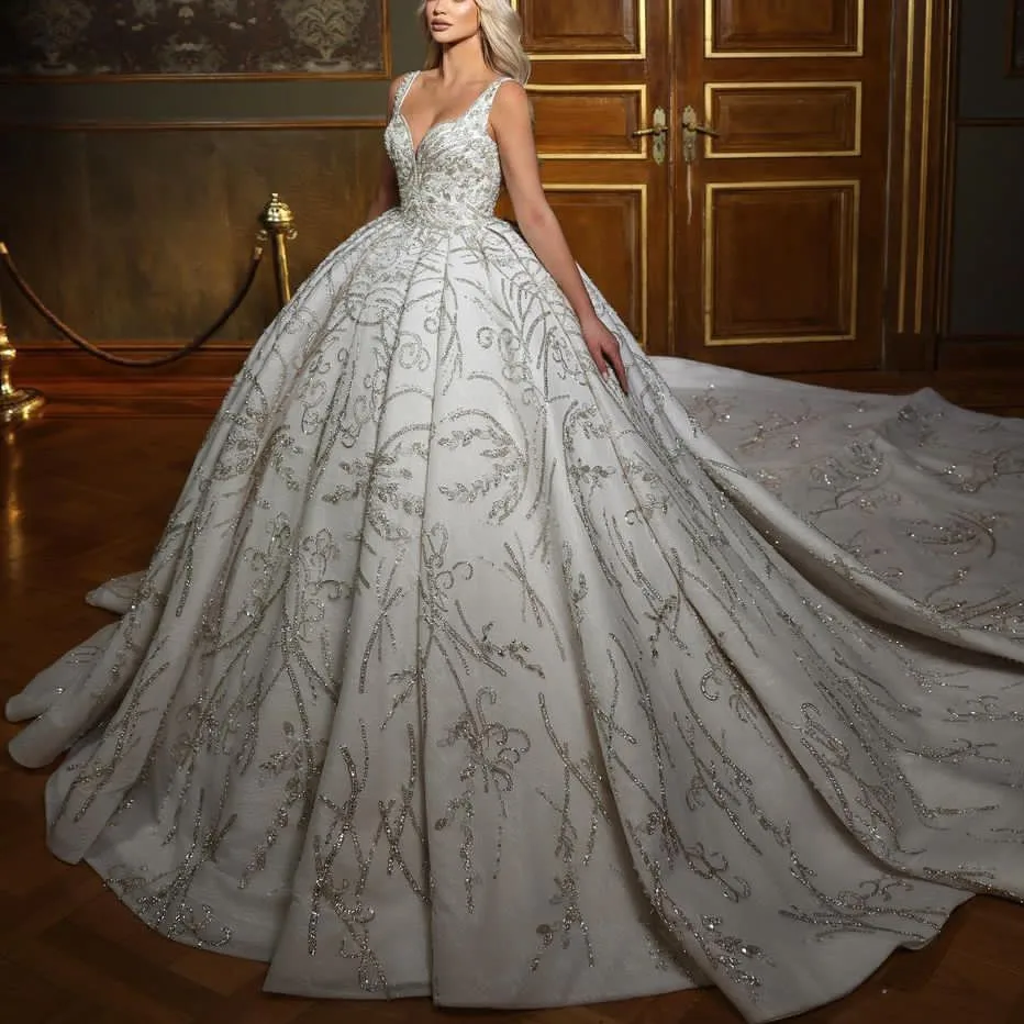 

Luxury Ball Gown Wedding Dresses Sleeveless V Neck Straps Sequins Lace Beaded Diamonds Bridal Gowns Vestina De Novia Customized