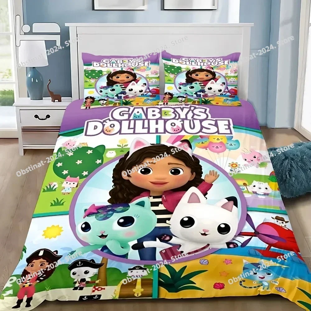 Cartoon Duvet Cover Pillowcase Bedding Set Gabbys Dollhouse Adult Boy Girl Bedroom Decoration Children Single Double Large Size
