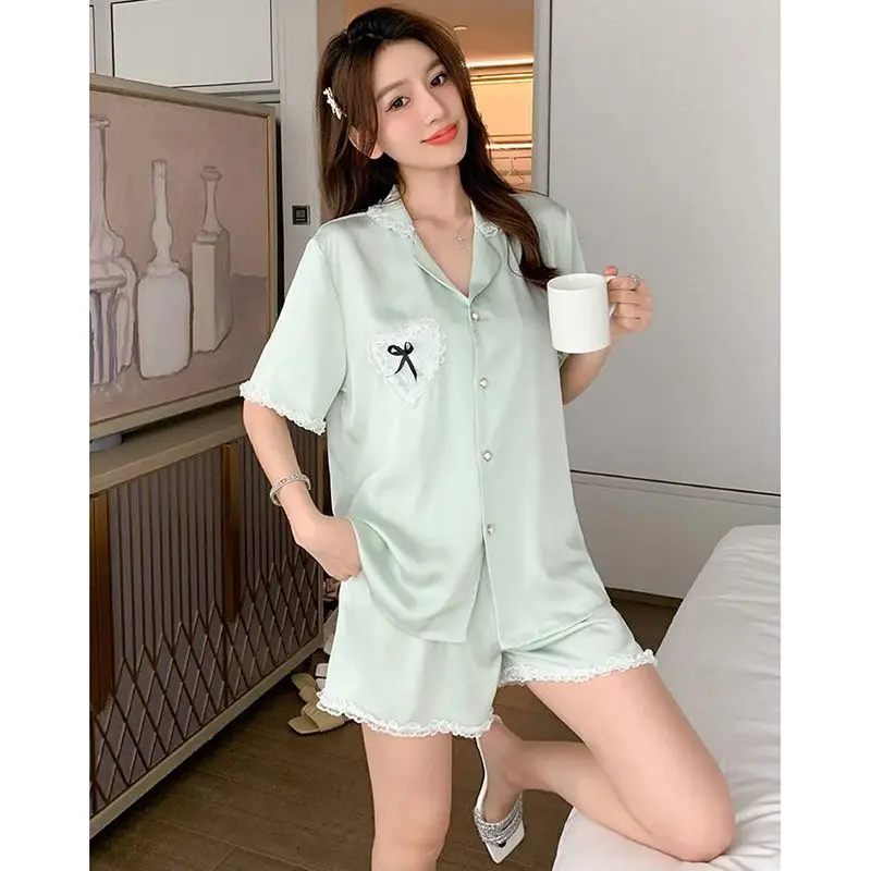 Women Summer Silk Stain Pajamas Sets Lace Trim Sweet Cute Home Clothing Female Short Sleeves Pants Lovely Sleepwear Night Suit