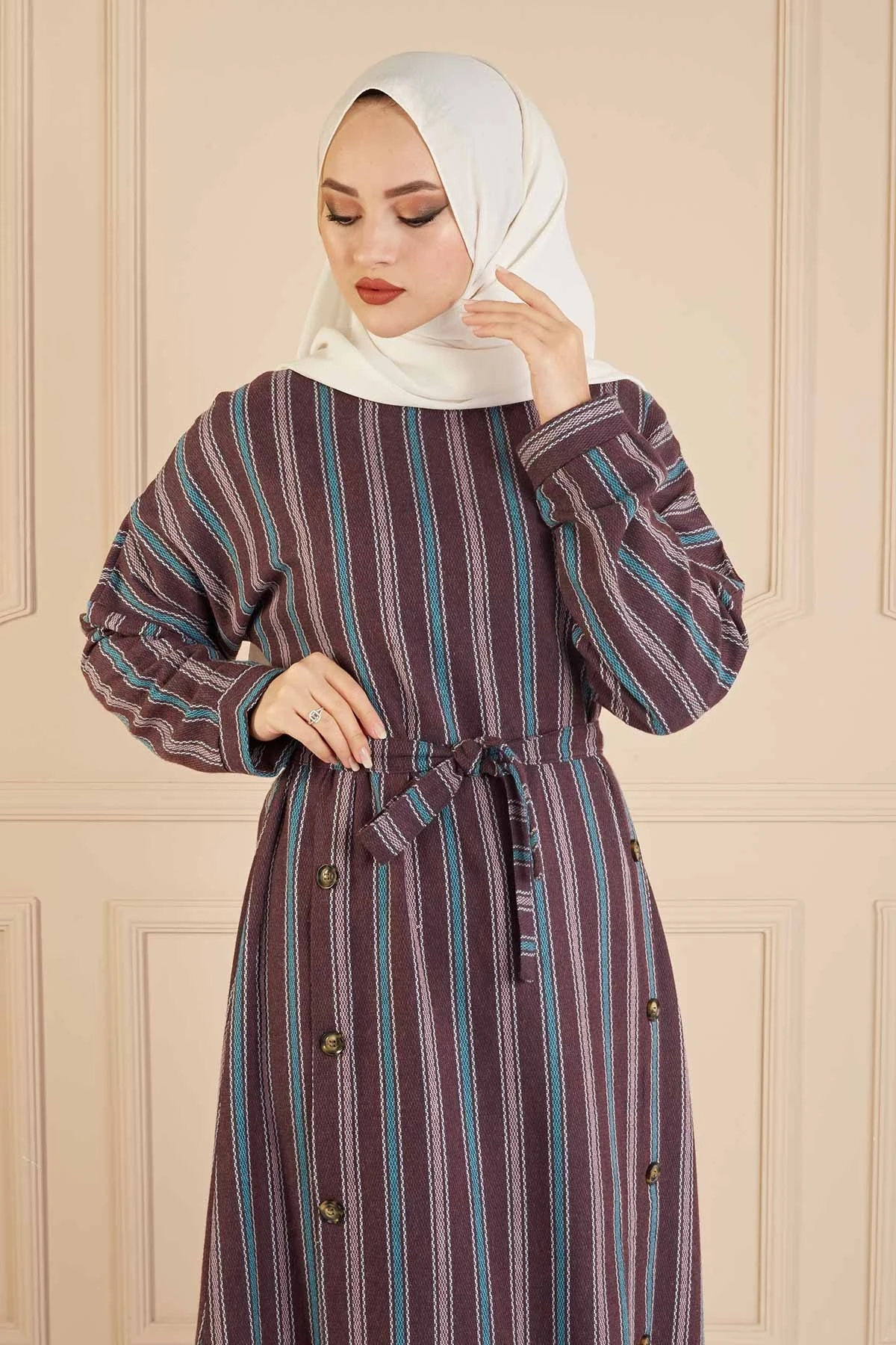 Striped Dress FC Burgundy Winter Autumn 2021 Muslim Women Hijab headscarf Islamic Turkey