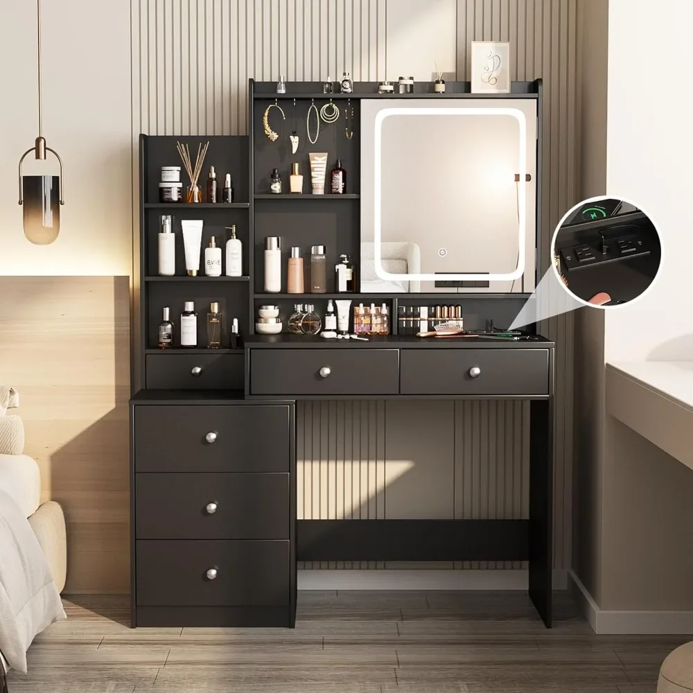 Makeup Mirror Desk with Stool,6 Drawers and Shelves, with Power Strip,Vanity Mirror 3 Lighting Color Adjustable