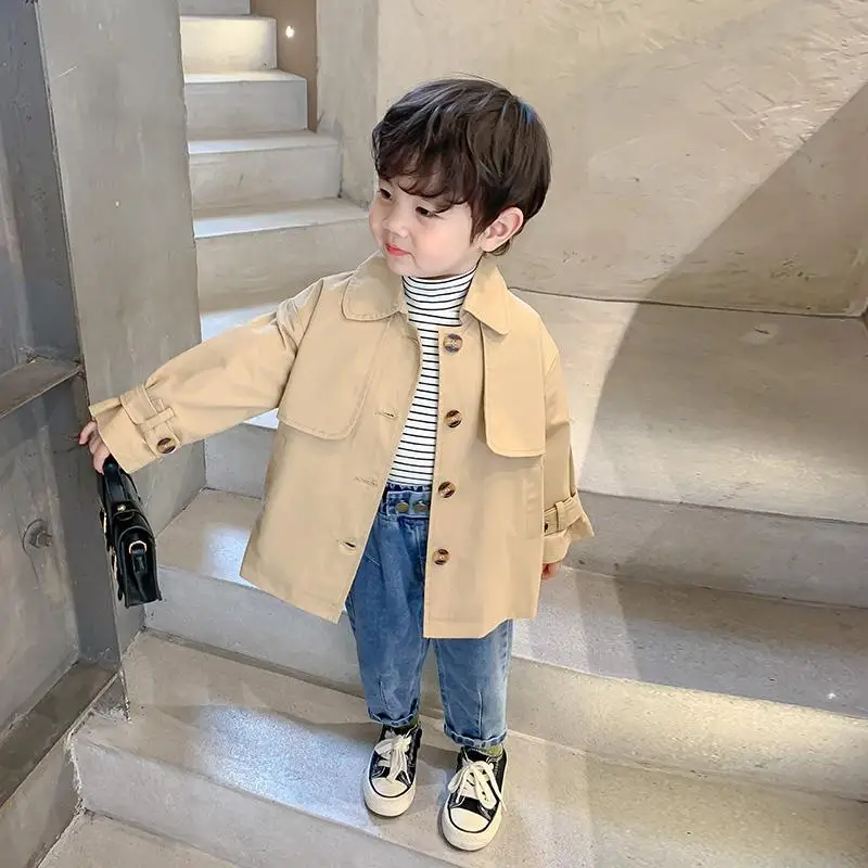 1-7Y Children's Long Trench Coat Autumn Solid Color  Jacket for Baby Boys Kid's Loose Thin Windbreaker Clothes H129-39