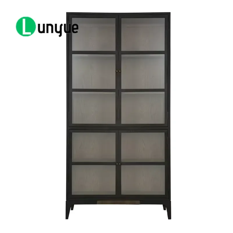 American Style Oak Bookshelf with Black Glass Door Antique Recycled Wood Display Cabinet for Living Room Storage Furniture