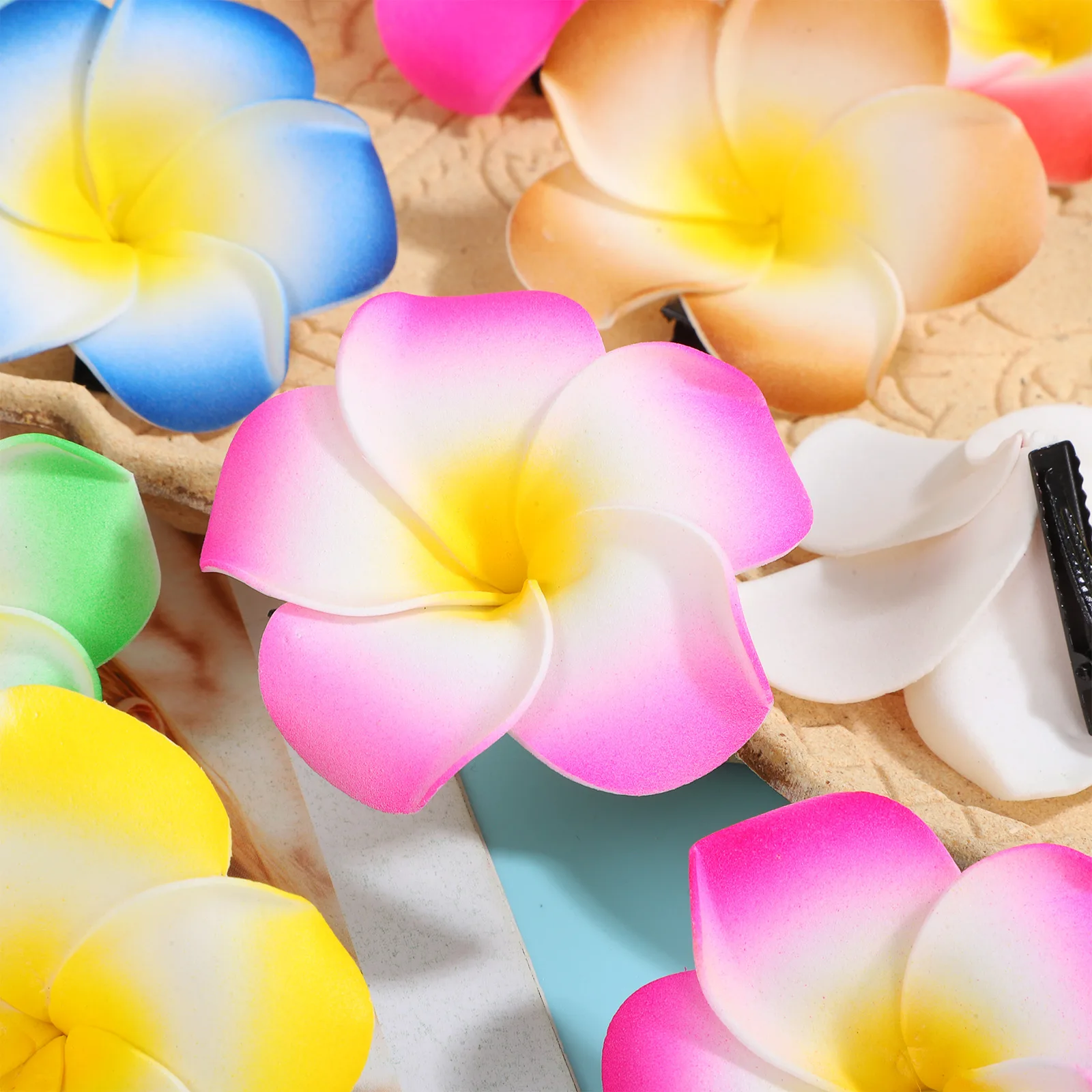 24 قطعة 6 سنتيمتر زهرة بلوميريا مقاطع الشعر 12 ألوان مختلطة إيفا الزهور الاصطناعية للشاطئ زينة حفلات الزفاف