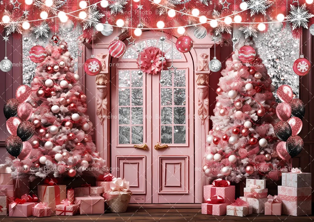 Mehofond Photography Background Christmas Tree Pink Spherical Ornament Exquisite Gift Bow Kids Family Portrait Backdrop Decor