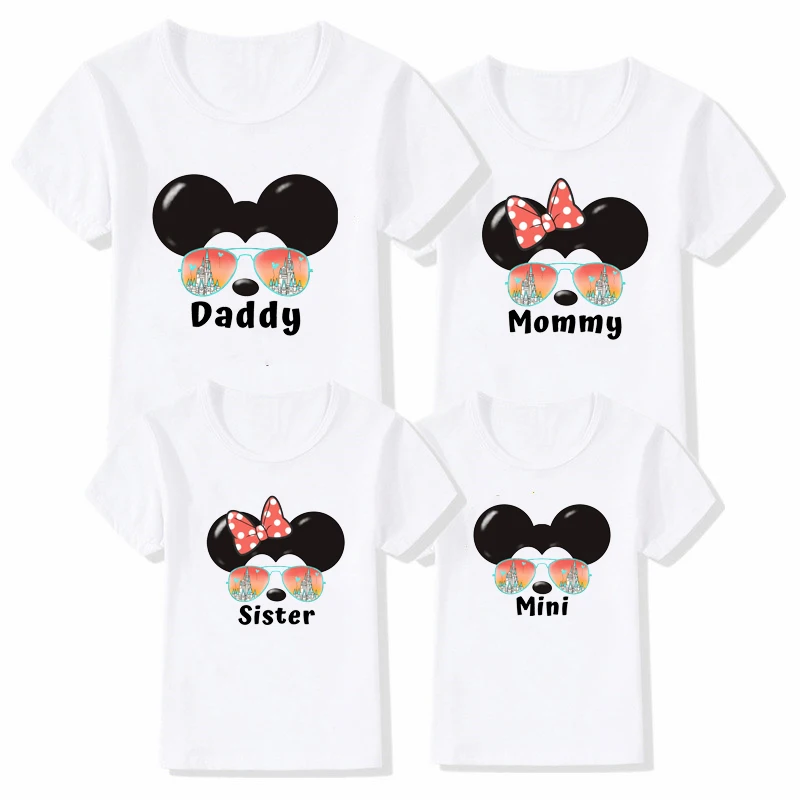 Mini Mama Daddy Family Matching Shirts Funny Disney Mickey Minnie Mouse Vacation T-shirt White Father Mother and Kids Trip Tees