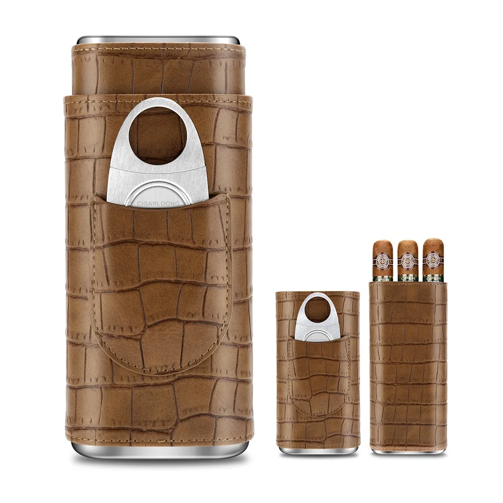 3-pack Cigar Case Portable Leather Holder Box Storage with Stainless Steel Sharp Cigar Cutter Luxury Smoking Accessories CH-24FA