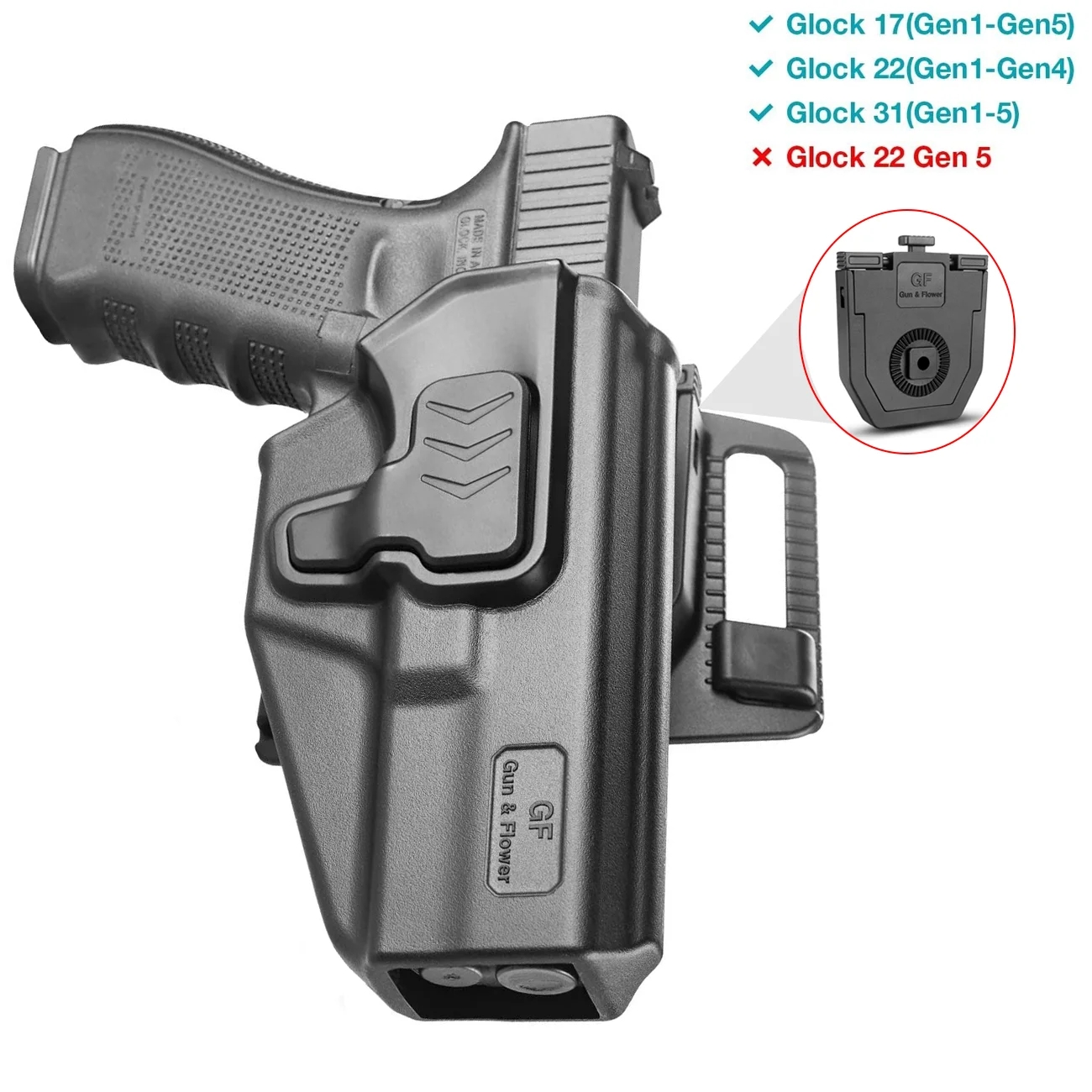 For Glock G17,G22,G31, OWB Holster,Level II Retention Outside Waistband,Unlock Index Finger,Rotate Belt Clip,Right Hand