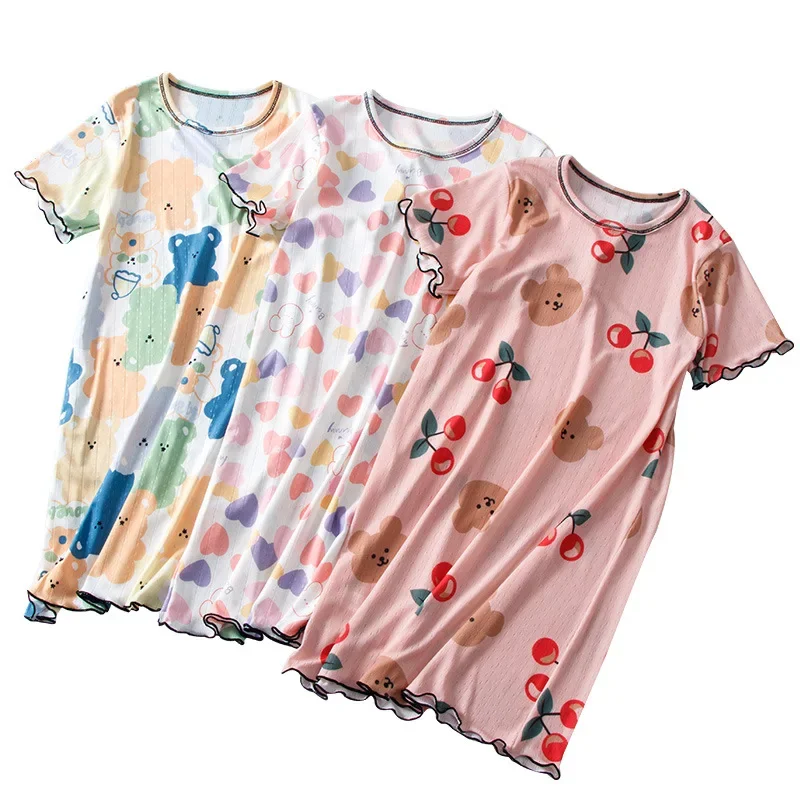 Mother-kids Night Dress Ice Silk Sleepwear for Girls Mother Daughter Matching Clothes Children Pajama Dress Women Nightdress