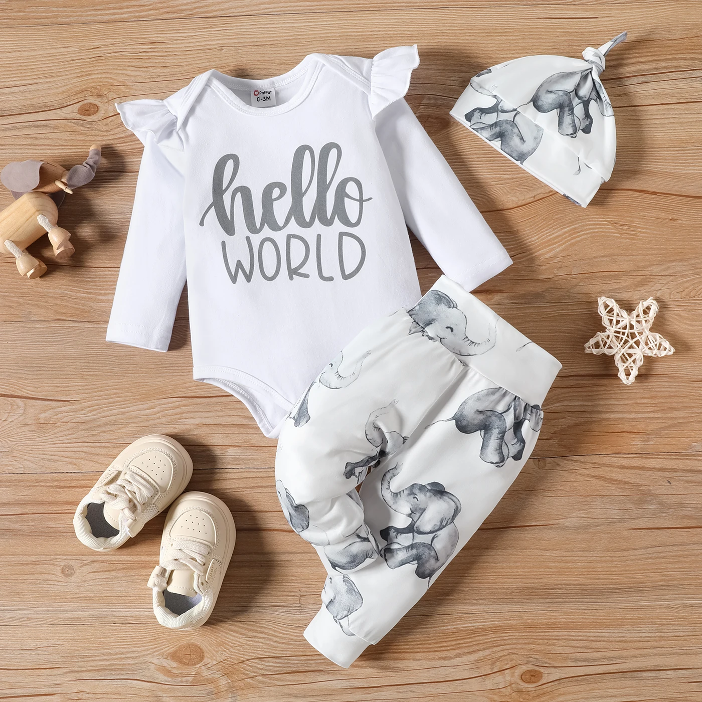 

PatPat 3pcs Baby Boy 95% Cotton Letters Graphic Ruffle Long-sleeve Bodysuit and Allover Elephant Print Pants & Hat Set