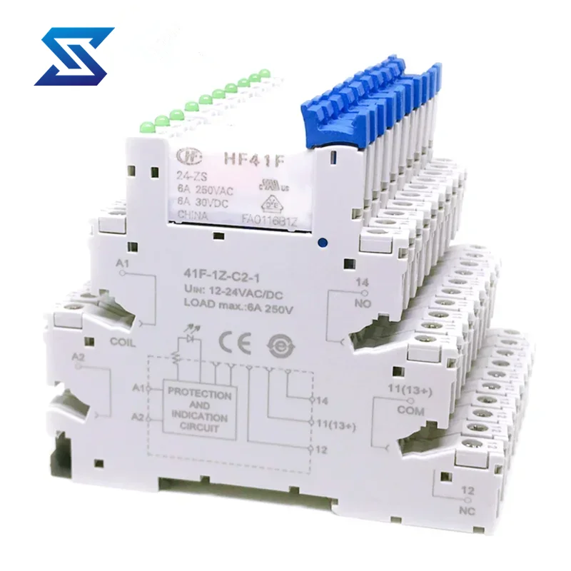 10Pcs 41F-1Z-C2-1 HF41F 5-ZS 12-ZS 24-ZS 5V 12V 24V 230V 6A 1CO Slim/SSR Relay Mount On Screw Socket with LED Wafer relay