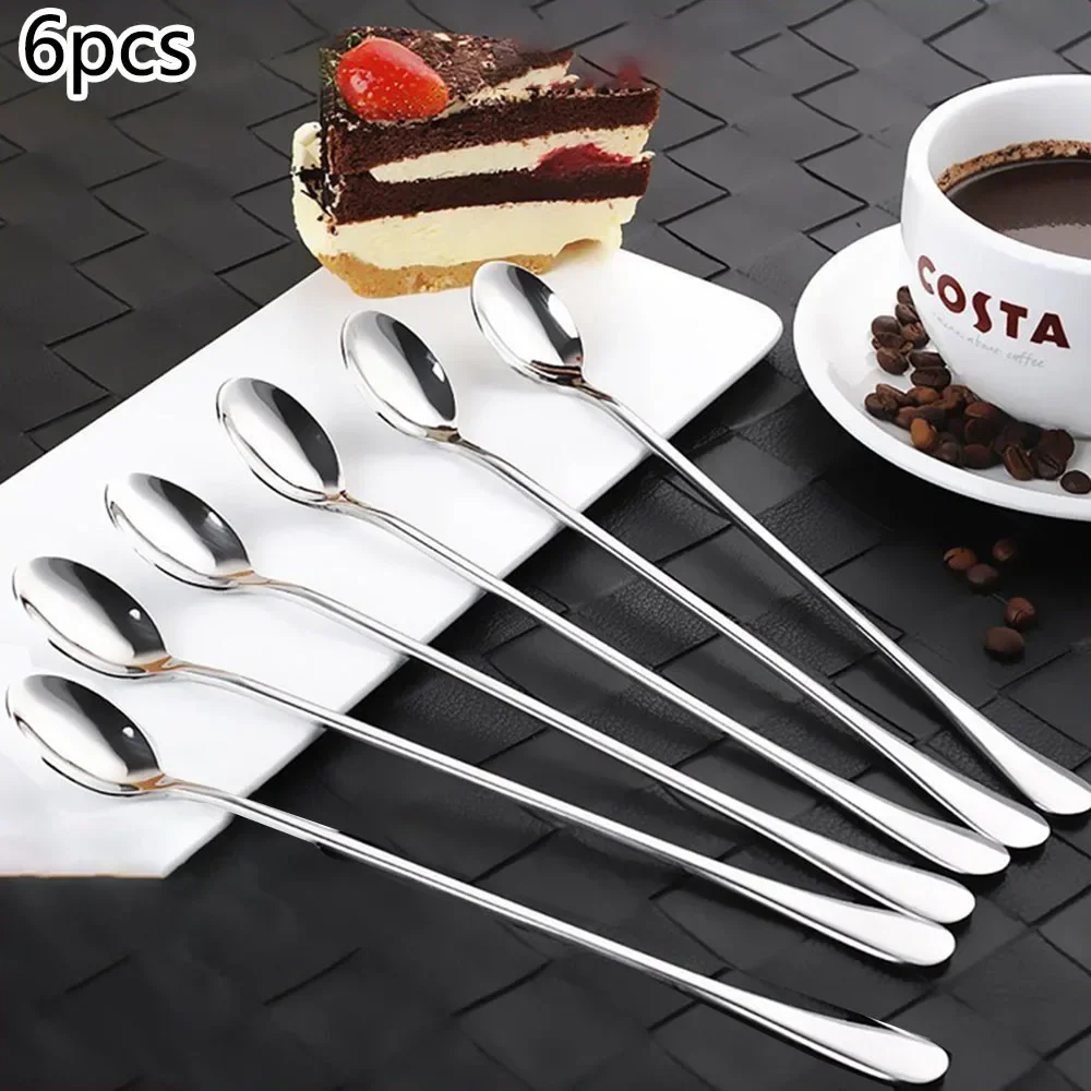 6PCS Stainless Steel Coffee Spoon Long Handle Ice Cream Dessert Tea Spoon For Picnic Drinkware Tableware Kitchen Set Supply//