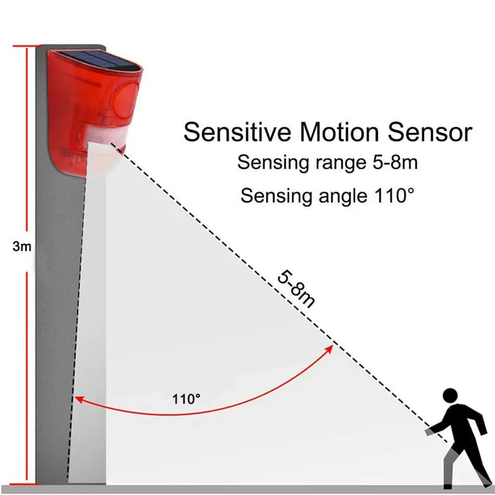 Solar Sound Light Alarme com sensor de movimento, sirene Sound Alert, LED Flash Warning Strobe, alarme de segurança para fazenda e Villa, 110 decibéis