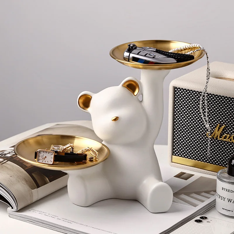 Entzückende Bären-Doppeltablett-Statue, niedlicher Halter für Schmuckschlüssel, Schreibtisch-Organizer mit zwei Tabletts, bezauberndes Heim- und Bürodekor, Geschenk